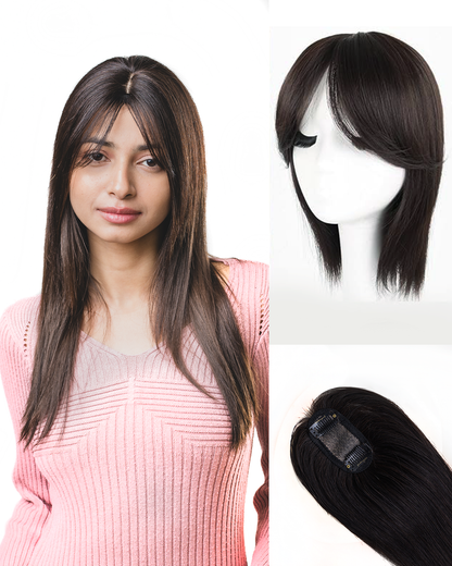Hair Topper With Bangs - Pure Silk Base & 100% Human Hair  HairOriginals Natural Black 1.5*3 10 Inch